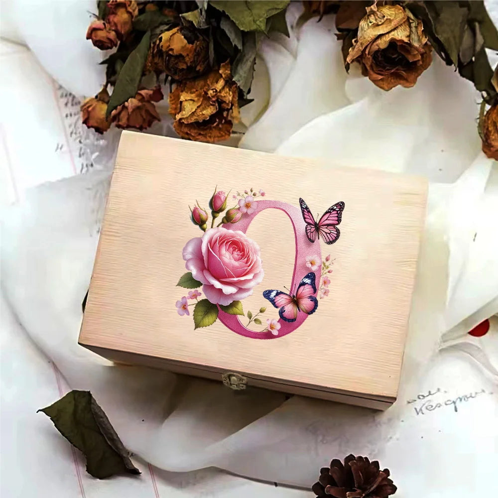 Wooden Storage Box With Hinged Lid Durable Multifunctional Case Crafts Jewelry Boxes For Household Pink Butterfly Letter Pattern