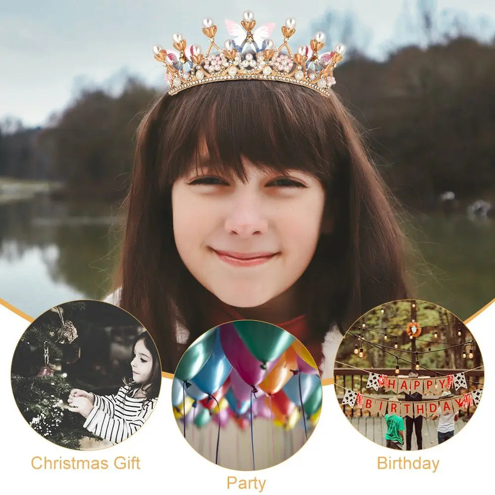 Girl Princess Crown Butterfly Rhinestone Tiaras Birthday Crystal Crown Performance Wedding Model Catwalk Handmade Pearl Tiara