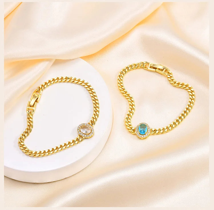 Bracelet for Women Gold Plated, Cuban Chain with Blue Cubic Zirconia Charms Wrist Jewelry for Her Gift