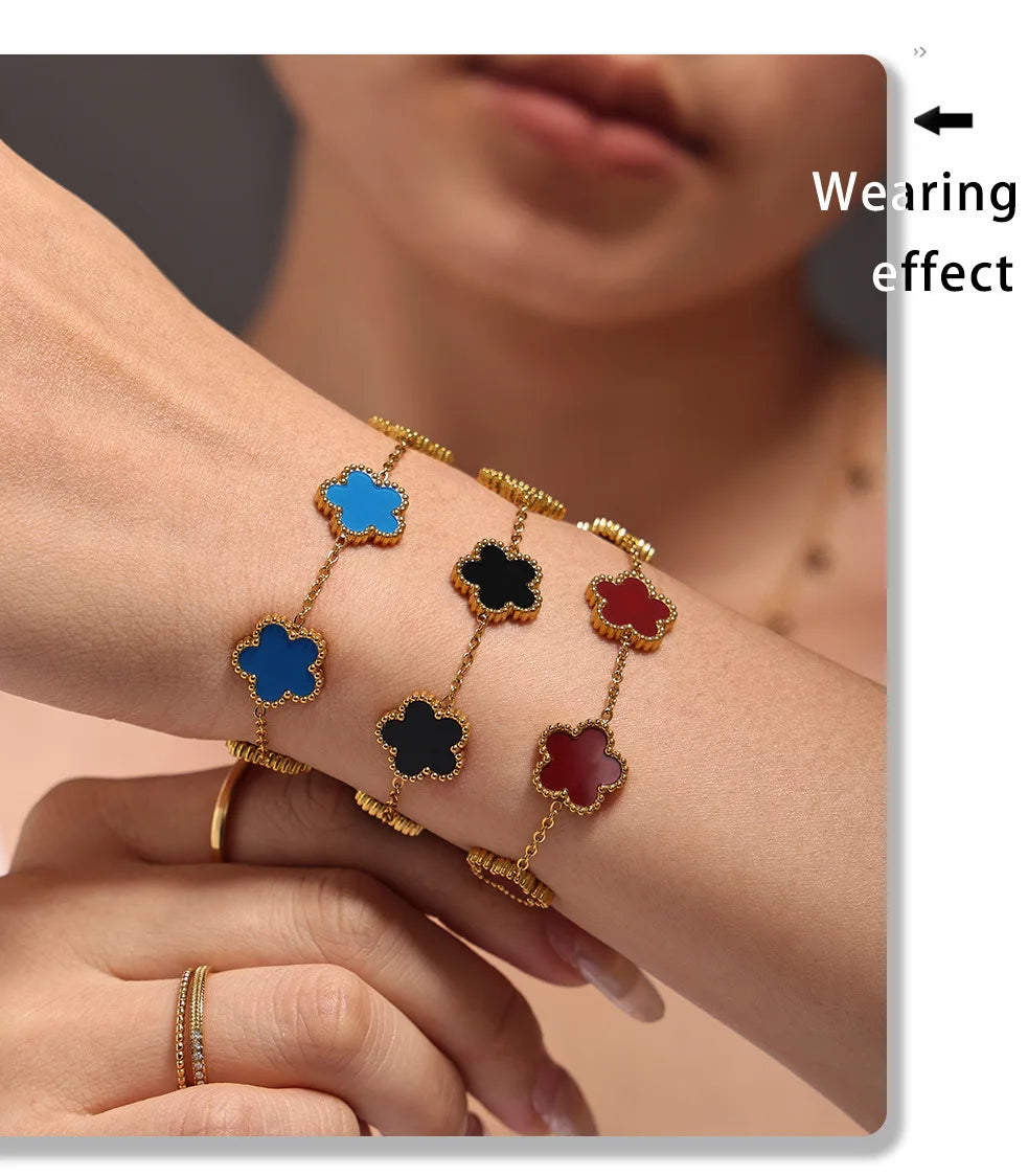 Fashion Five Petals Beautiful Bracelet for Women No Rusted Gold Plated Stainless Steel Agate Bangle Charm Luxury Jewelry Gift