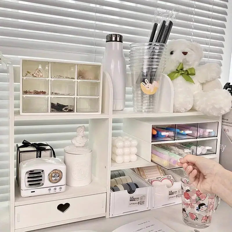 Desk Organizer with Drawer - Storage Box for Office/School Supplies & Makeup, Plastic Desktop Organizer