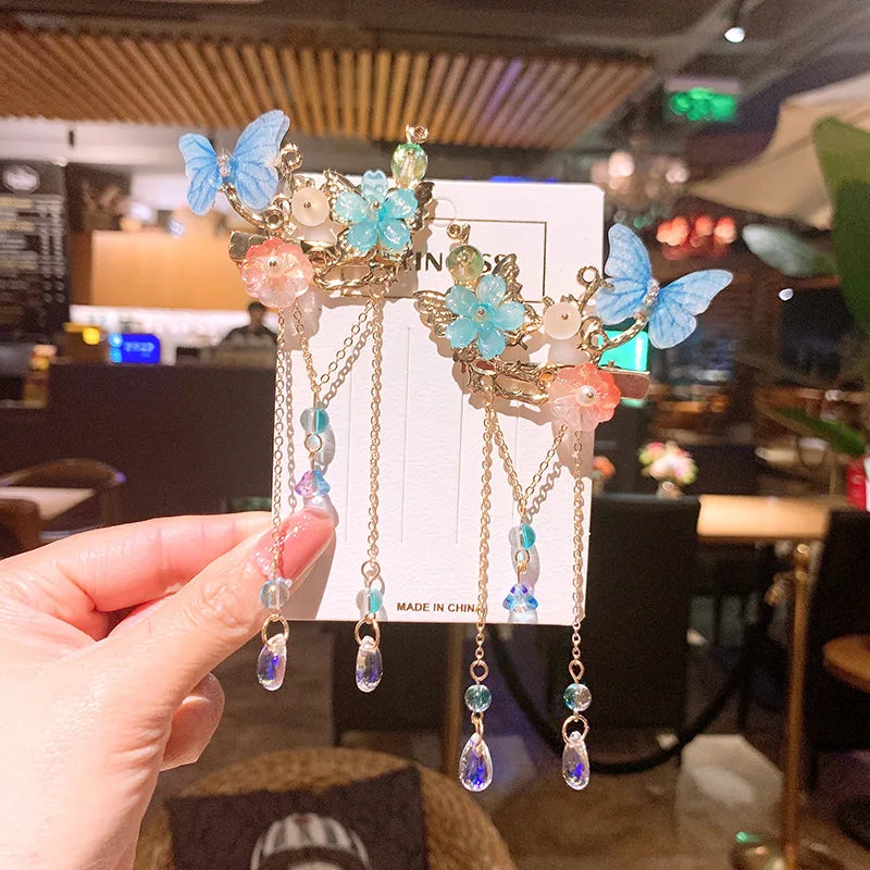 1pair Chinese Style flower Hairpin Cute Girl Candy Color Tassel Butterfly Hair Clip Retro Hanfu Barrettes Women's Hair Accessori