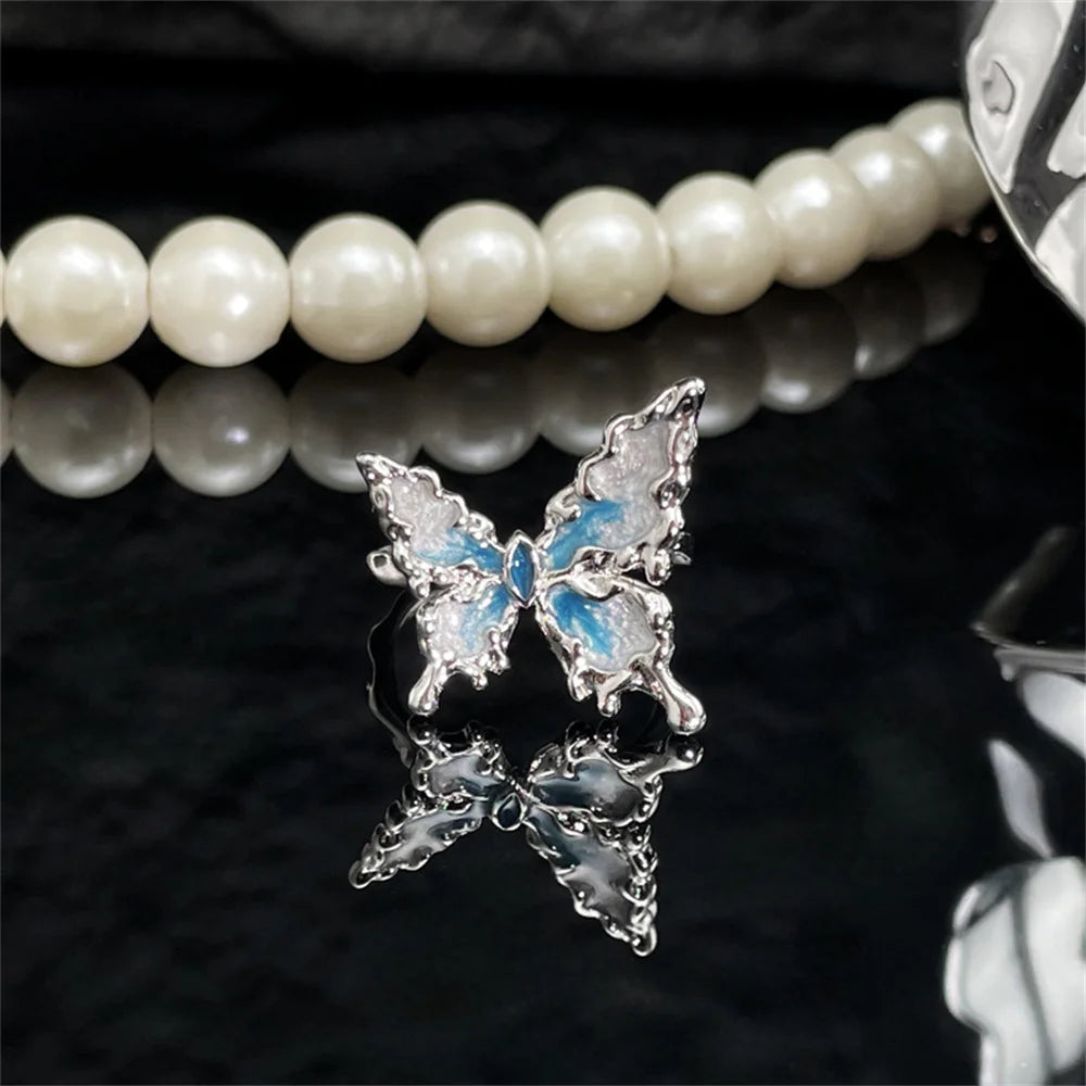 Exquisite Ice Blue Butterfly Open Ring, Fashionable Women's Simple Style Jewelry