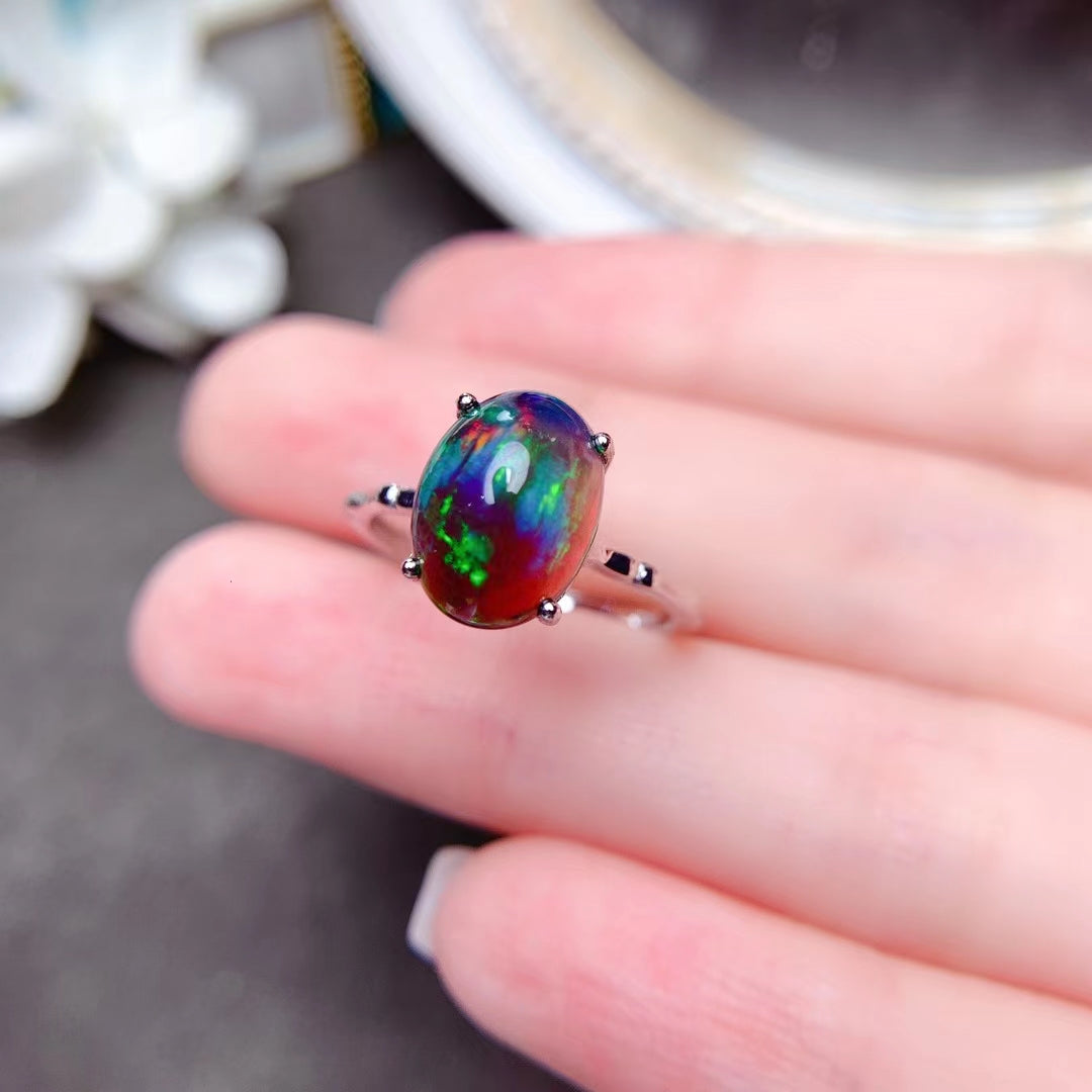 Simple 925 Silver Black Opal Ring for Daily Wear 100% Natural Opal Ring Sterling Silver Gemstone Jewelry