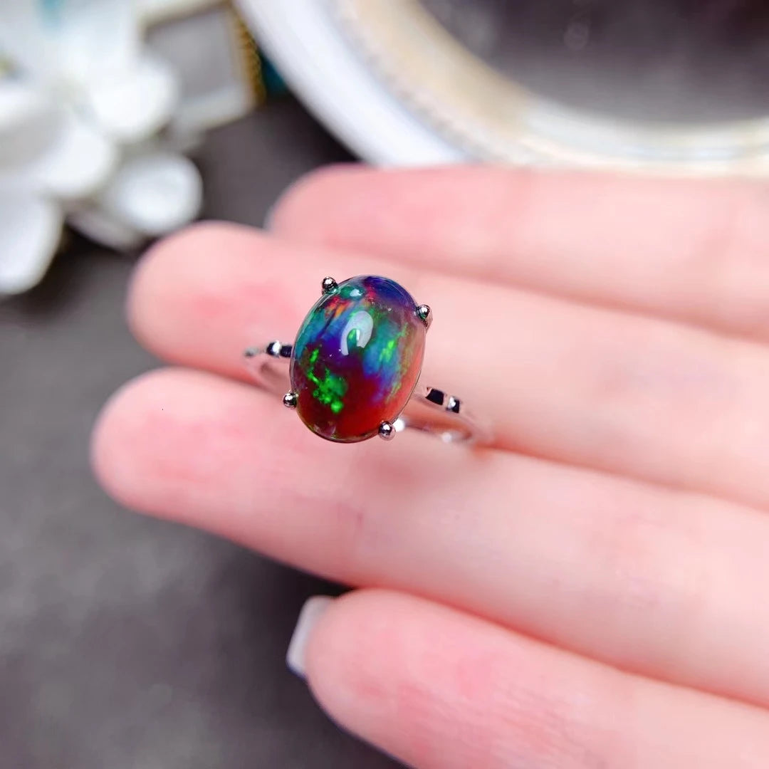 Simple 925 Silver Black Opal Ring for Daily Wear 100% Natural Opal Ring Sterling Silver Gemstone Jewelry