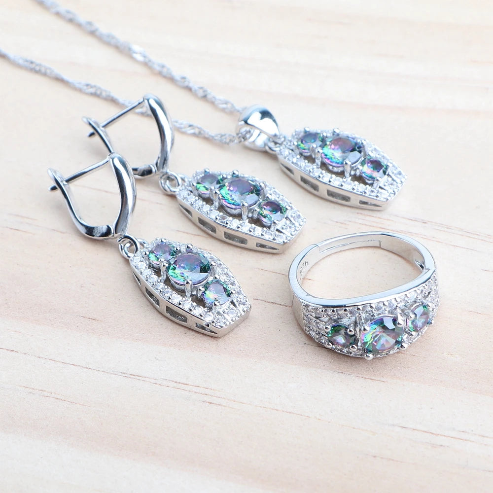 Bridal 925 Silver Jewelry Sets Magic Natural Rainbow Zircon Jewery Women Earrings Rings Pendant Bracelets Necklace Wedding Set