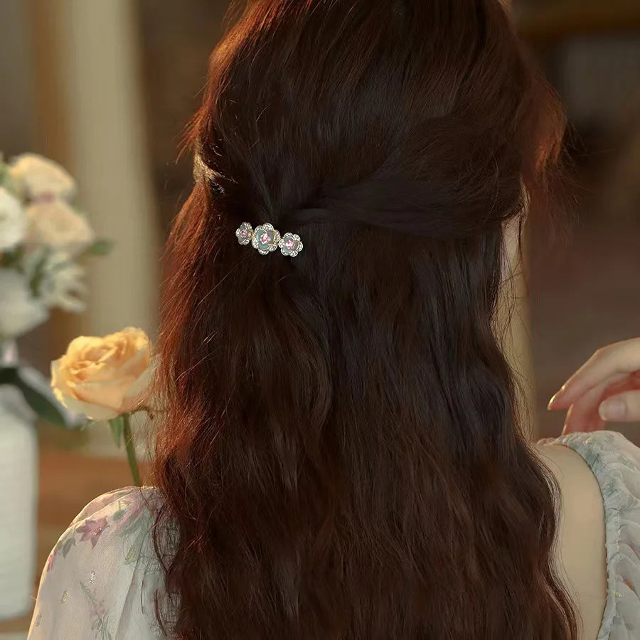Fairy Crystal Three Flowers Hairpin for Women with Sweet Rhinestone Bangs and Side Spring Clip French Hair Accessories