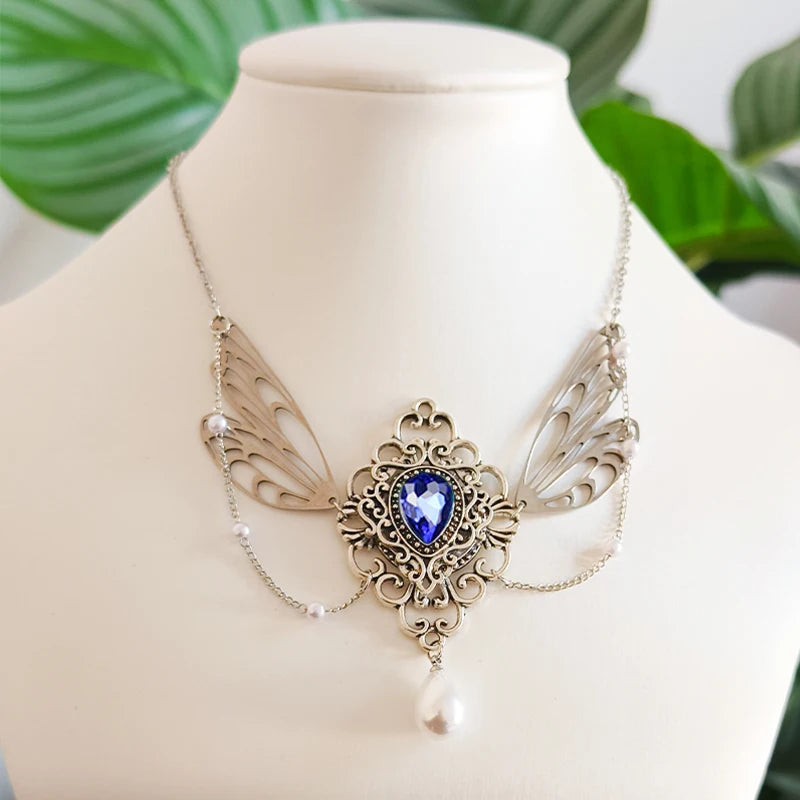 Witch Fairy Elves Butterfly Wings with Crystal Pendant Chain Necklace Forest Fairy Jewelry for women