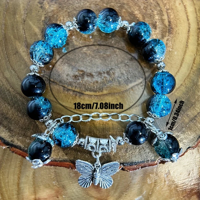 Fashion Design Gradient Crystal Beads Bracelet for Women Girls Vintage Butterfly Feather Maple Leaf Tassel Bracelet Jewelry Gift