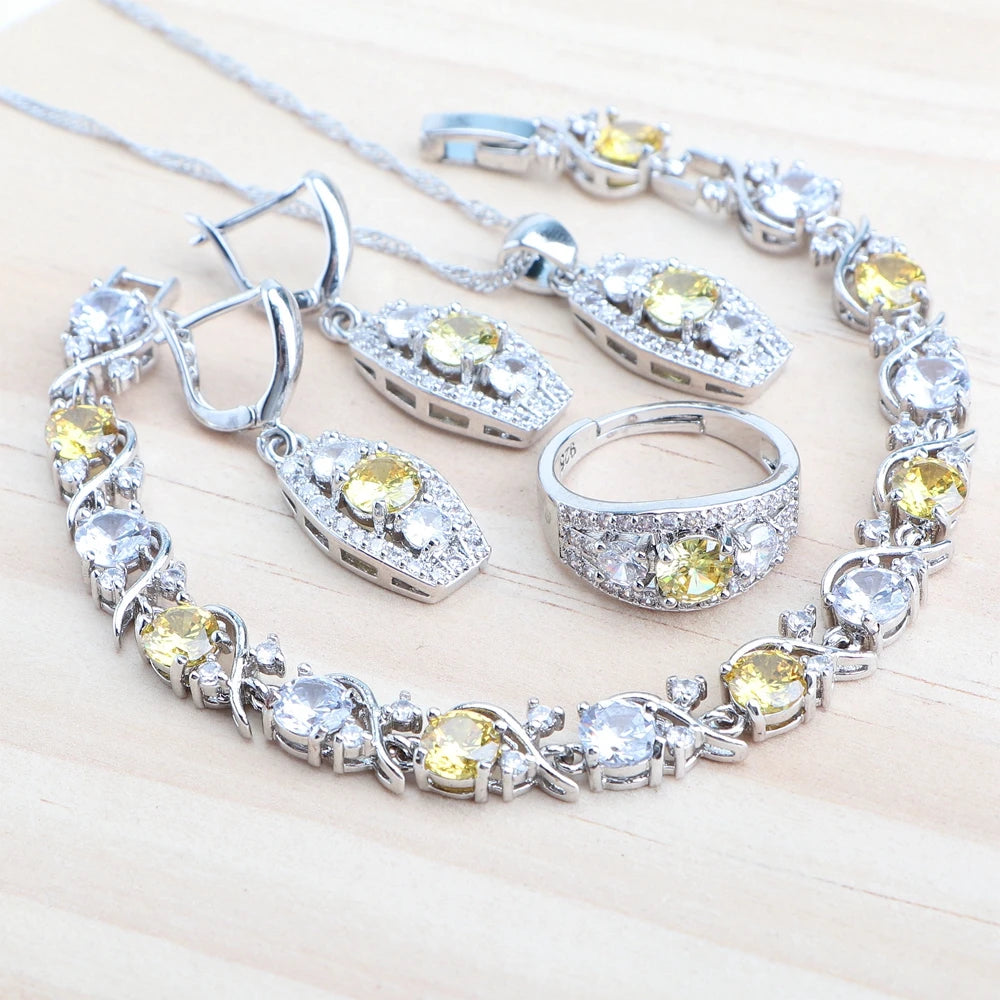 Bridal 925 Silver Jewelry Sets Magic Natural Rainbow Zircon Jewery Women Earrings Rings Pendant Bracelets Necklace Wedding Set