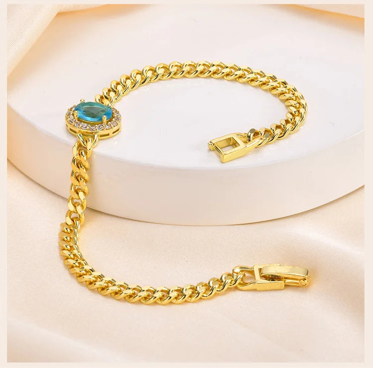Bracelet for Women Gold Plated, Cuban Chain with Blue Cubic Zirconia Charms Wrist Jewelry for Her Gift