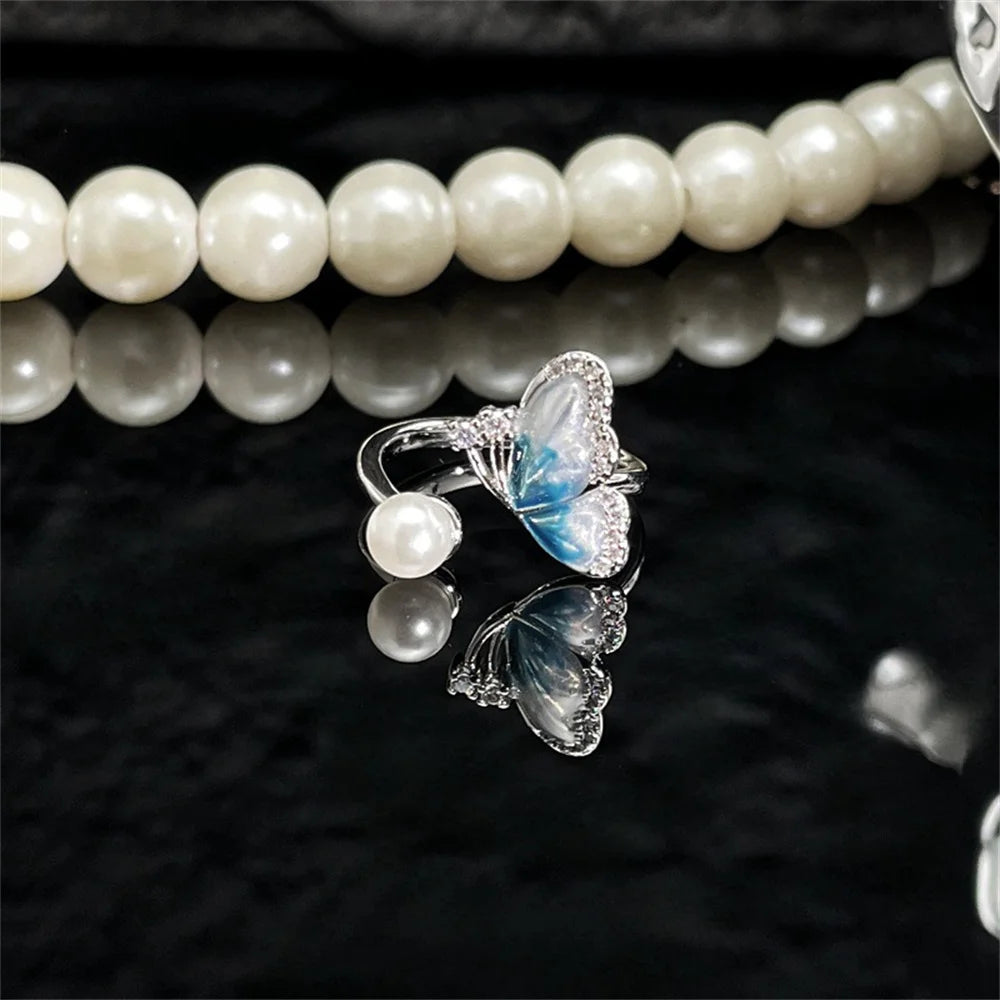 Exquisite Ice Blue Butterfly Open Ring, Fashionable Women's Simple Style Jewelry