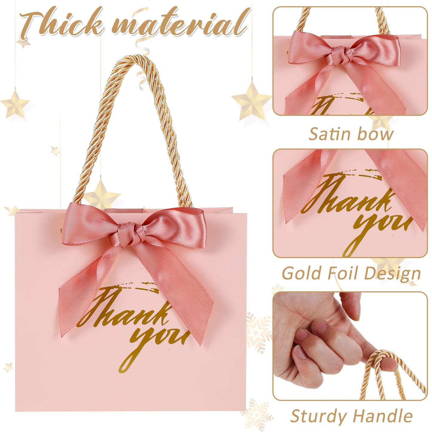 20/30/50pcs Thank You Gift Bags Reusable Paper Party Bags with Handles Gold Bow Ribbon Mini Pink Party Favor Bags for Birthday