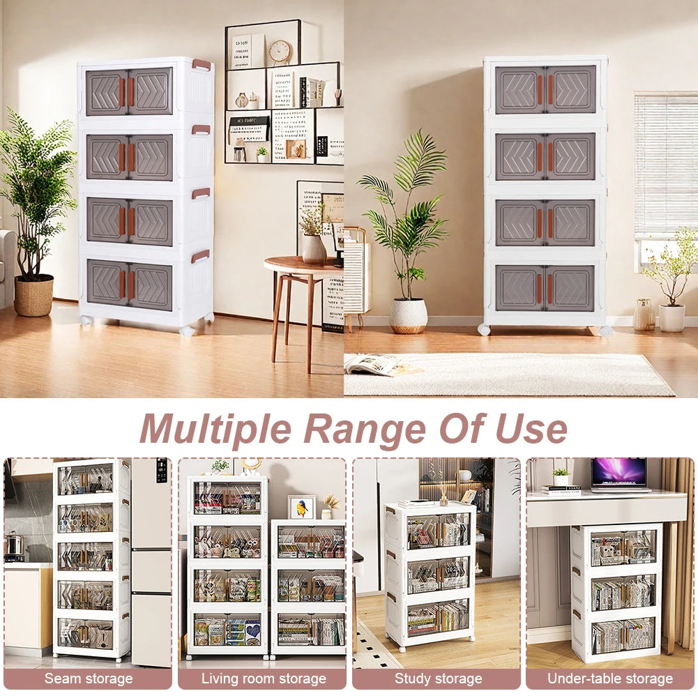 4 Tier Foldable Storage Bin With Doors & Wheels Folding Storage Selves Drawer PP+PET Stackable Organizer Box For Home Office