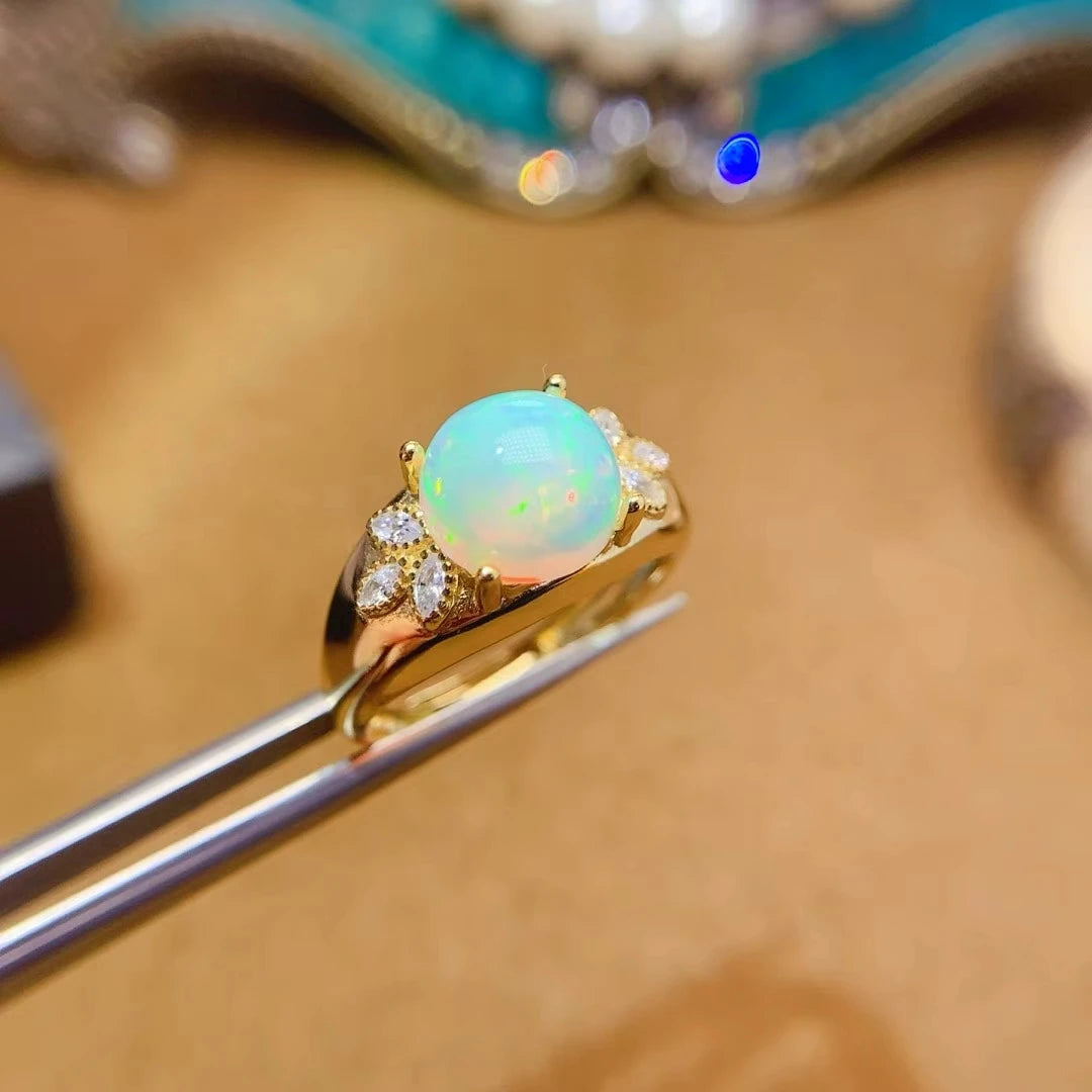 Luxury Australian Opal Ring 9mm 2ct Natural Opal 925 Silver Ring with 18K Gold Filled