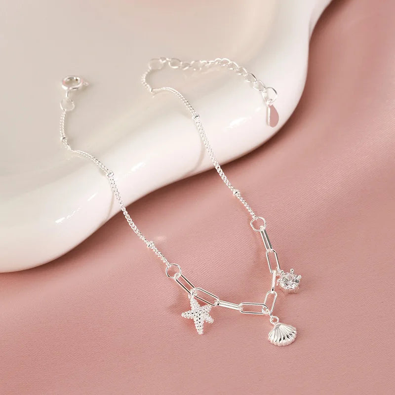 Trendy Sterling Silver Color Bracelets for Women New Sea Shells Charm Hand Chain Link Orignal Fashion Jewelry With Stamp