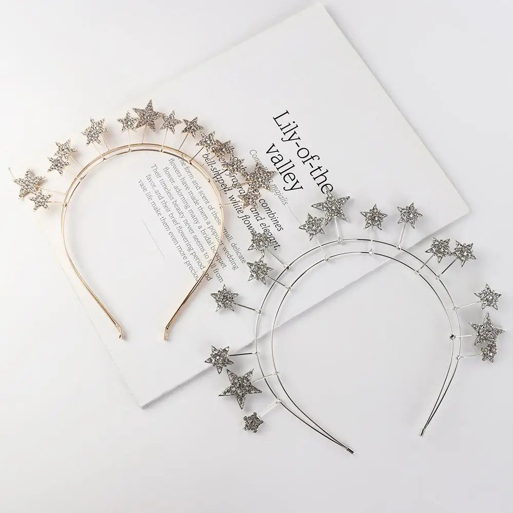 Fairy Metal Star Hair Hoop Princess Silver Halo Crown Rhinestone bilayer Baroque Hairbands Head Jewelry