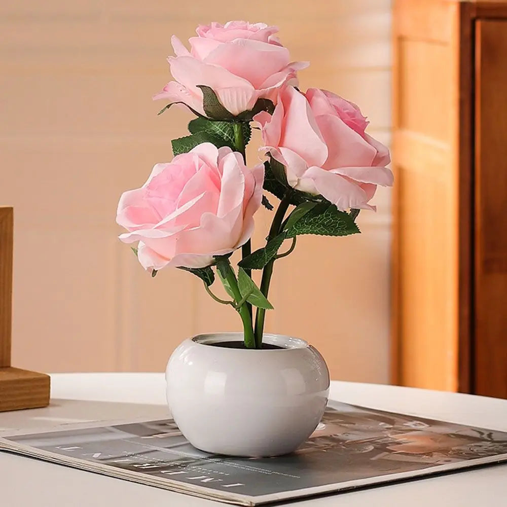 Ceramic Base LED Rose Table Lamp 2/3 Flowers Decorative Flower Bonsai Night Light Soft Light Exquisite Romantic Atmosphere Lamp