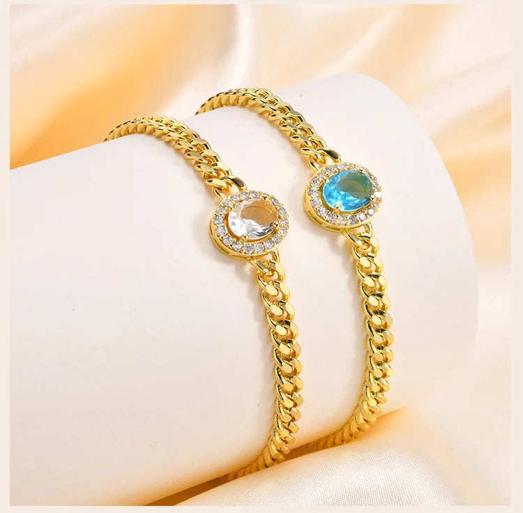 Bracelet for Women Gold Plated, Cuban Chain with Blue Cubic Zirconia Charms Wrist Jewelry for Her Gift