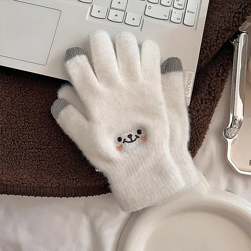 Women's Gloves Autumn Winter Cute Smile Gloves Five Fingers Solid Color Resistant Touch Screen Cotton Gloves Fashion Comfortable