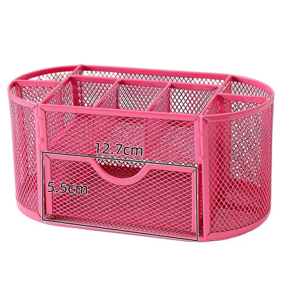 Office School Supplies With Drawer 9-Grid Storage Desk Organizer Stationery Container Metal Mesh Pen Holder