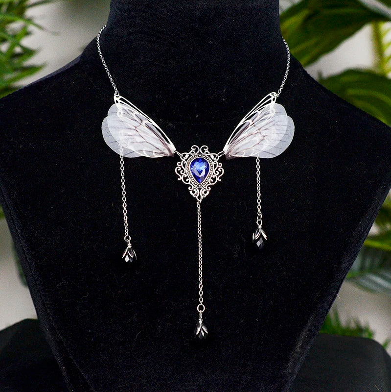 Witch Fairy Elves Butterfly Wings with Crystal Pendant Chain Necklace Forest Fairy Jewelry for women