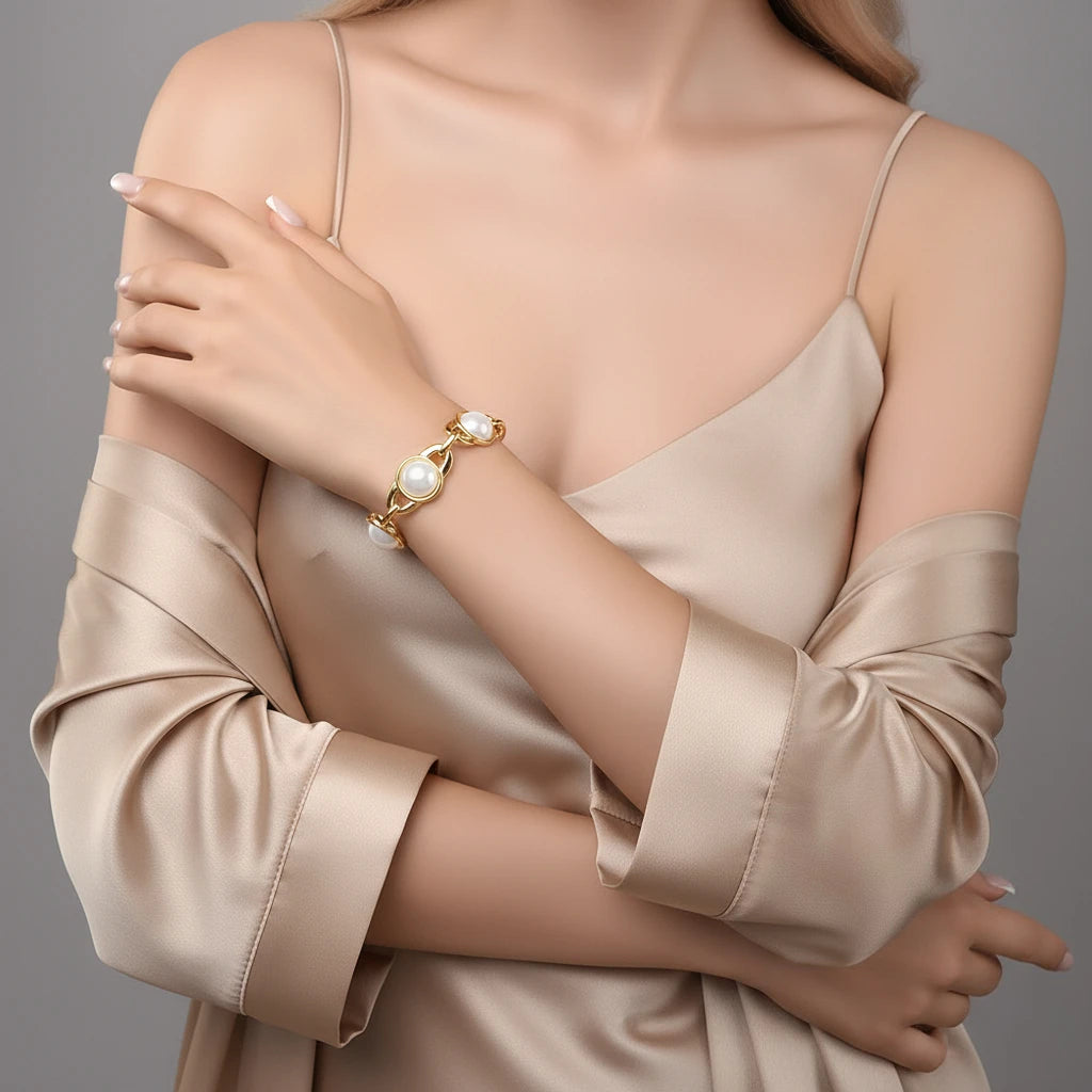 Trendy Pearl Golden Bracelet Heavy Retro Bangle Luxury Jewelry Elegant Accessories Party Gift