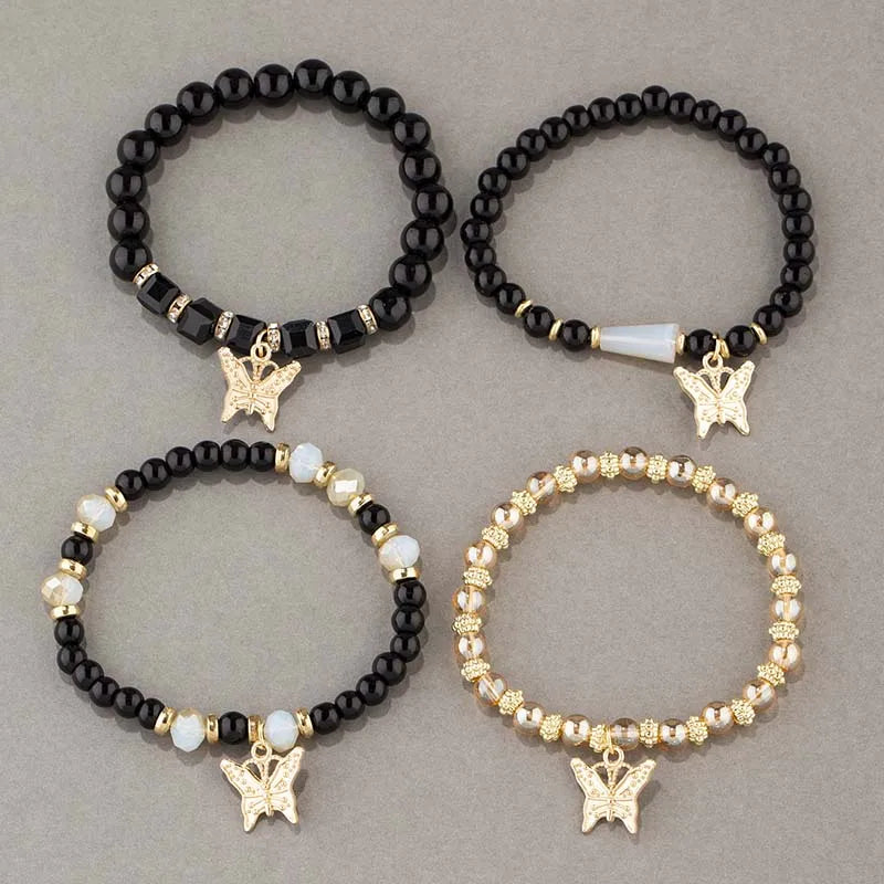 4pcs Trendy Butterfly Beaded Bracelet Set for Women Pink Acrylic Beads Elastic Chain Bangle Female Bohemian Party Jewelry Gift