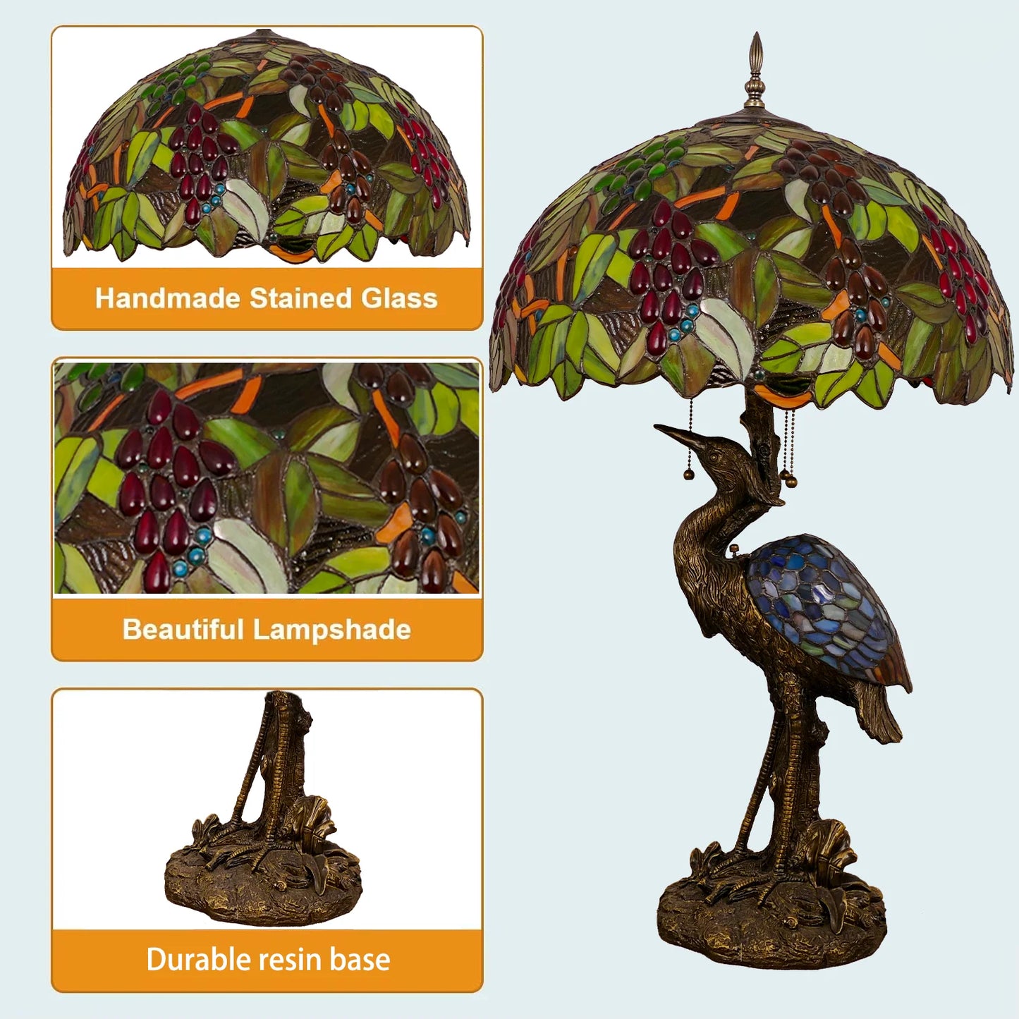 30-Inch  Table Lamp Traditional American Style Living Room Bedroom Study Lamp Luxurious Villa Hotel Stained Glass Lamp