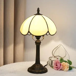 Stained Glass Table Lamp, Antique Green Tiffany Style Reading Light for Bedroom, Living Room and Office Decor Lampara Salon
