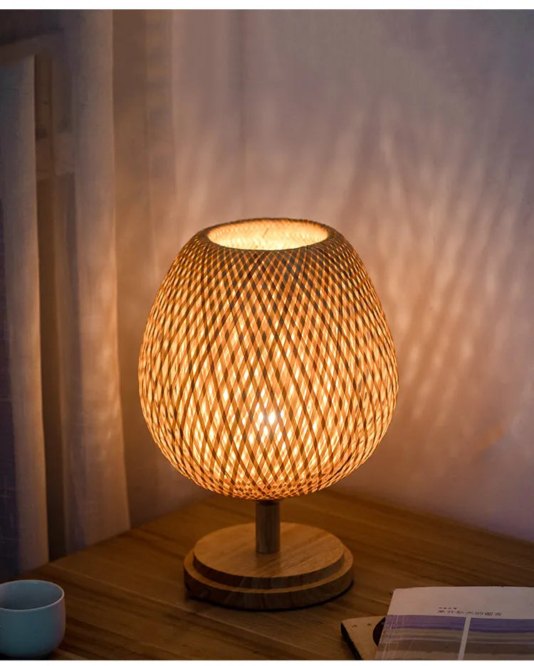 Dimmable Table Lamp, Rattan Bedside Lamp with Small Vintage Nightstand Light for Bedroom Living Room Desk Wooden Wicker Shade