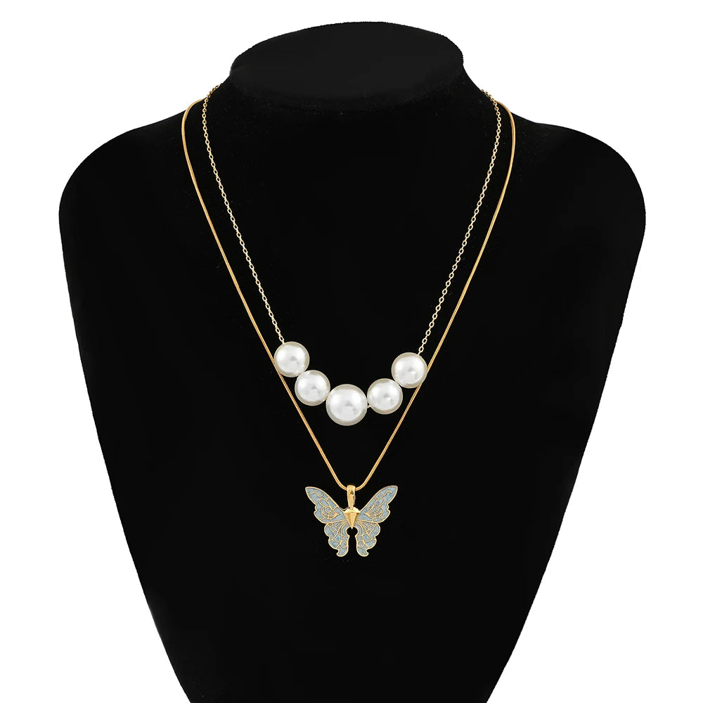 Fairytopia Mermaidia Enamel Butterfly Necklace For Women Thai Pop Imitation Pearl Necklace Multilayer Jewelry