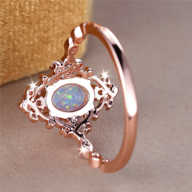 Luxury Female White Fire Opal Stone Engagement Ring Trendy Rose Gold Color Bride Wedding Jewelry Gift For Women