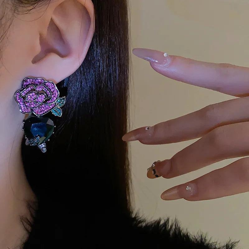 Purple Rose Flower Heart Lip,Stud Earrings for Women French Romantic Vintage Temperament Earring Luxury Jewelry wholesale