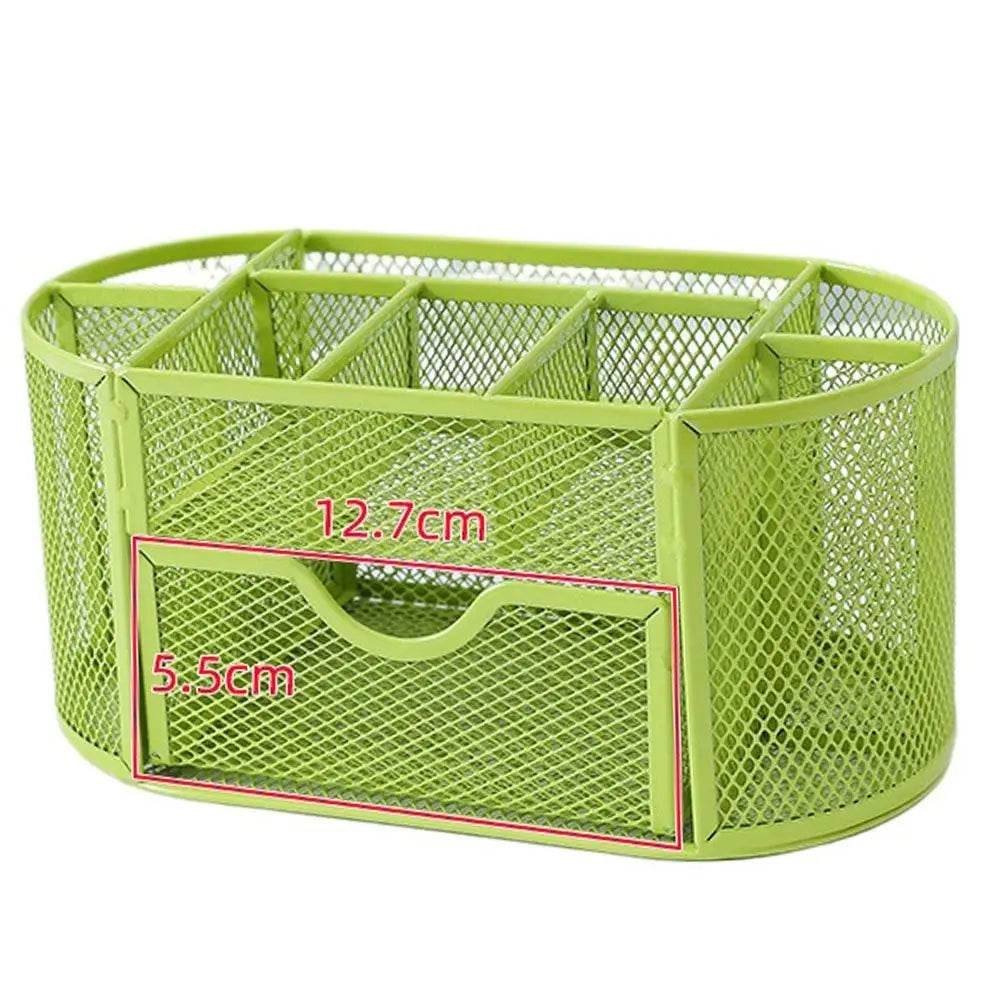 Office School Supplies With Drawer 9-Grid Storage Desk Organizer Stationery Container Metal Mesh Pen Holder