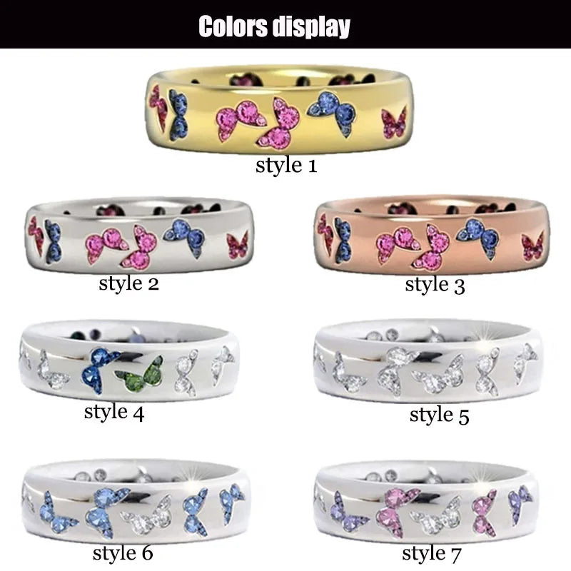 Colorful Butterfly Ring Wedding 925 Sterling Silver Plated Rings for Women Elegant Multicolor Zircon Ring Jewelry Girl Gift
