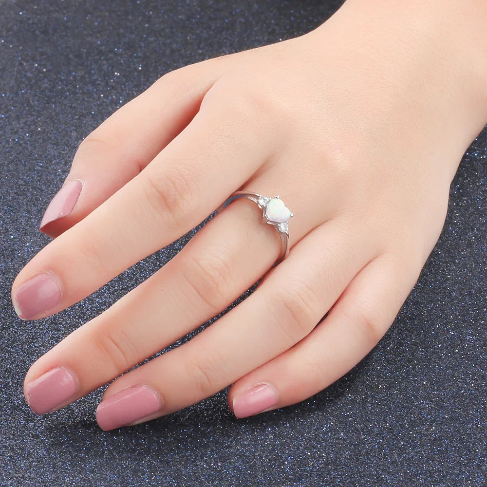Trumium 100% 925 Sterling Silver Heart Shaped White Opal Engagement Promise Band Ring for Women Heart Halo Cubic Zirconia Ring