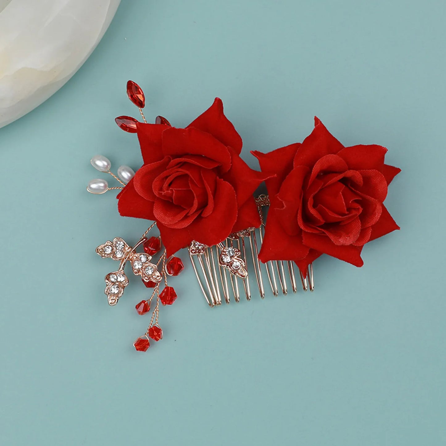 U Shaped Red Hairpins Hair Clips Wedding Hair Accessories For Women Rose Flower Headpieces Forks Bride Headdress Hair Jewelry