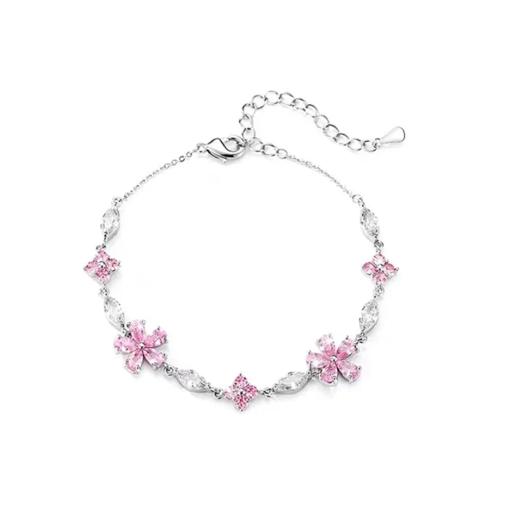 Sweet Fairy Pink Crystal Zircon Sakura Flowers Bracelet for Women Exquisite Cherry Blossom Bracelets Girls Jewelry Gifts