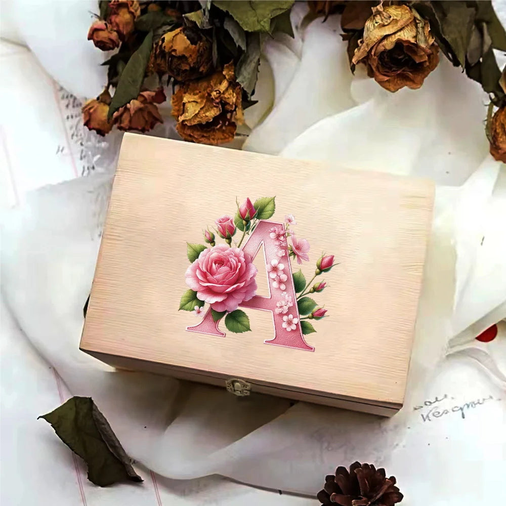 Wooden Storage Box With Hinged Lid Durable Multifunctional Case Crafts Jewelry Boxes For Household Pink Butterfly Letter Pattern