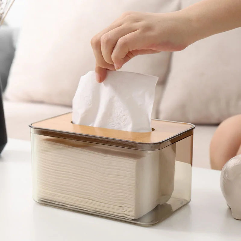 Wooden top tissue box, transparent grey PET base - multi-sized tabletop storage box for living room, smooth sliding opening