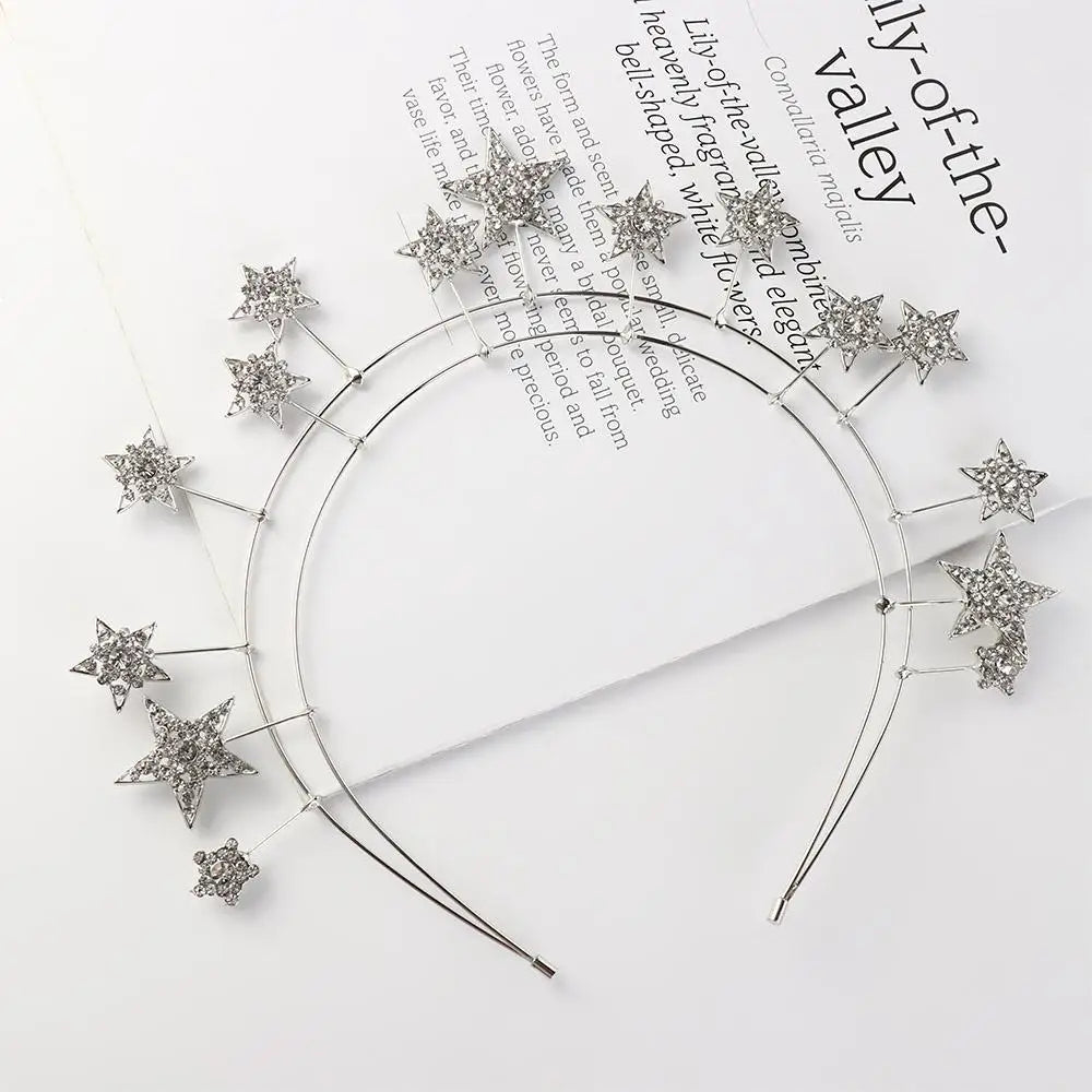 Fairy Metal Star Hair Hoop Princess Silver Halo Crown Rhinestone bilayer Baroque Hairbands Head Jewelry