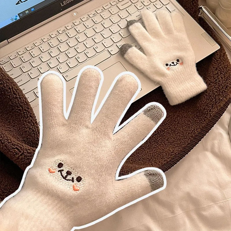 Women's Gloves Autumn Winter Cute Smile Gloves Five Fingers Solid Color Resistant Touch Screen Cotton Gloves Fashion Comfortable