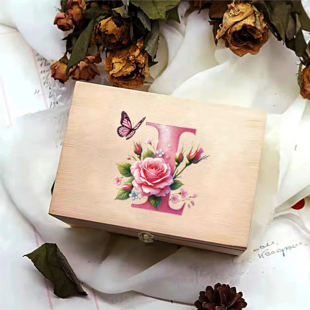 Wooden Storage Box With Hinged Lid Durable Multifunctional Case Crafts Jewelry Boxes For Household Pink Butterfly Letter Pattern