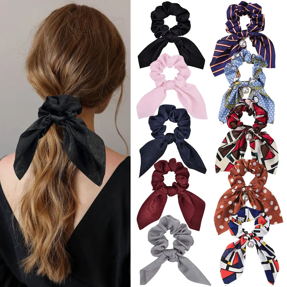 Fashion Vintage Solid Chiffon Velvet Bow Hair Ribbon Scrunchie for Women Girls Long Elastic Hair Tie Headwear Hair Accessories