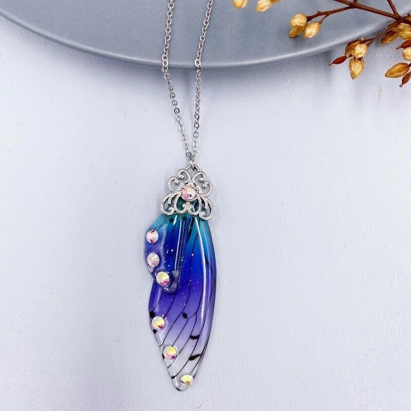 12 colors fashion Silver gold Fairy Purple Gradient Clear Resin Butterfly Shiny Insect Wing Pendant necklace for women jewelry
