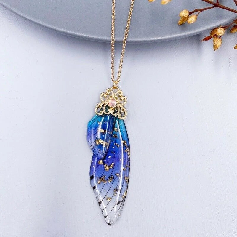 12 colors fashion Silver gold Fairy Purple Gradient Clear Resin Butterfly Shiny Insect Wing Pendant necklace for women jewelry