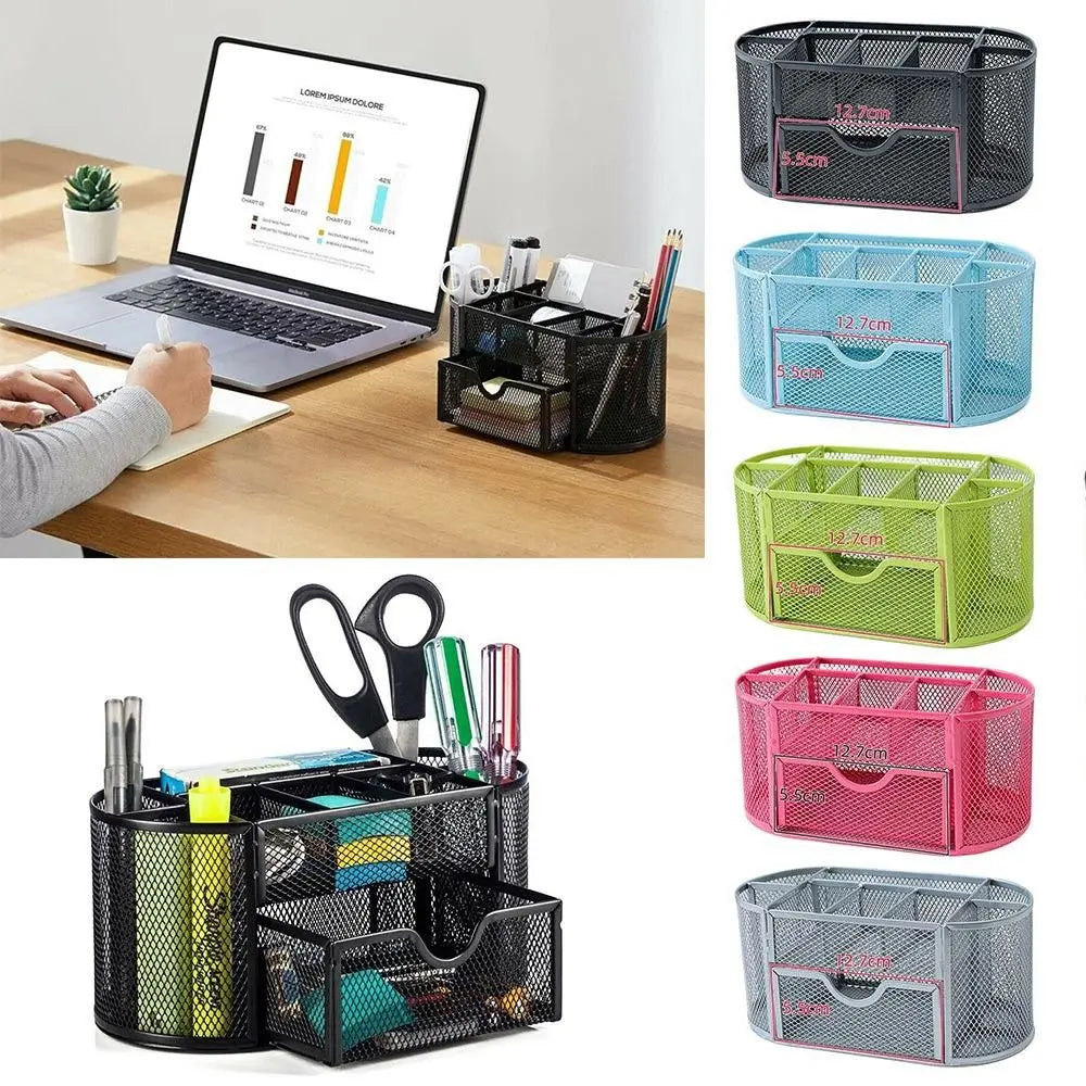 Office School Supplies With Drawer 9-Grid Storage Desk Organizer Stationery Container Metal Mesh Pen Holder