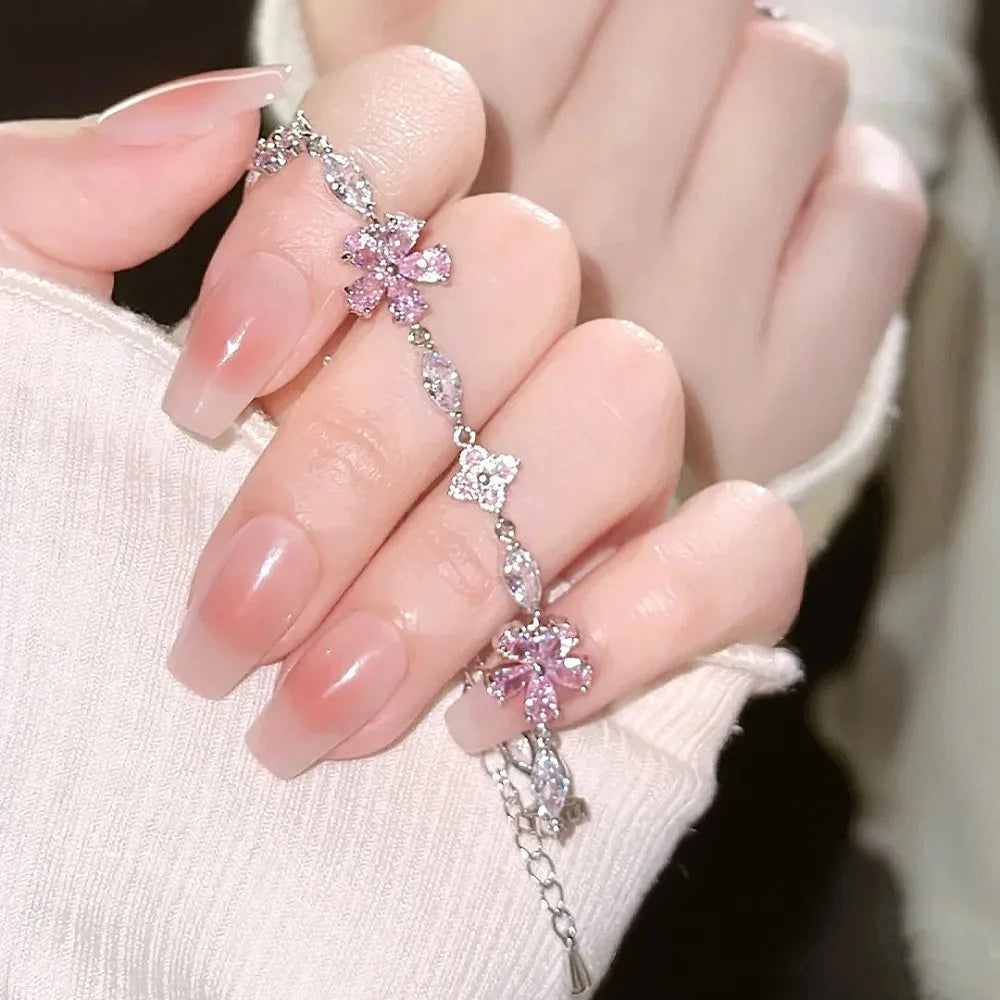 Sweet Fairy Pink Crystal Zircon Sakura Flowers Bracelet for Women Exquisite Cherry Blossom Bracelets Girls Jewelry Gifts