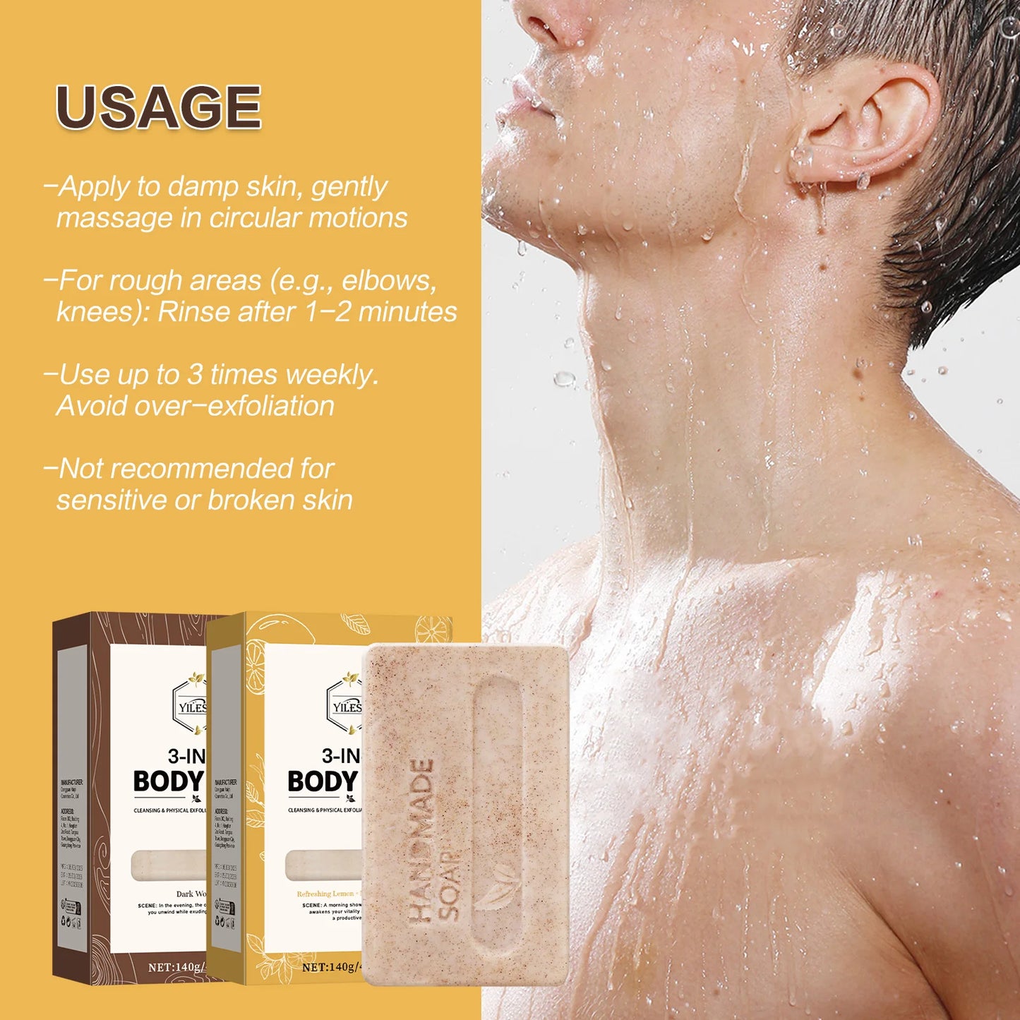 140g 3-IN-1 Men's Body Bar (Sandalwood/Lemon Citrus Scent) -Exfoliating Moisturizing, Long-Lasting Fragrance Handmade Soap